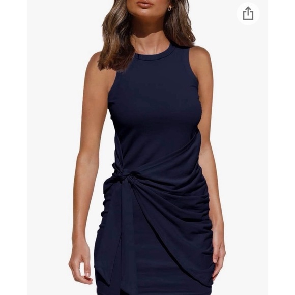 LILLUSORY Summer Casual Sleeveless Bodycon Ruched Tie Waist Mini Dresses - Picture 2 of 4